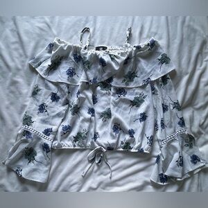 Iz Byer White Off-Shoulder Floral Blouse with Blue & Green Print